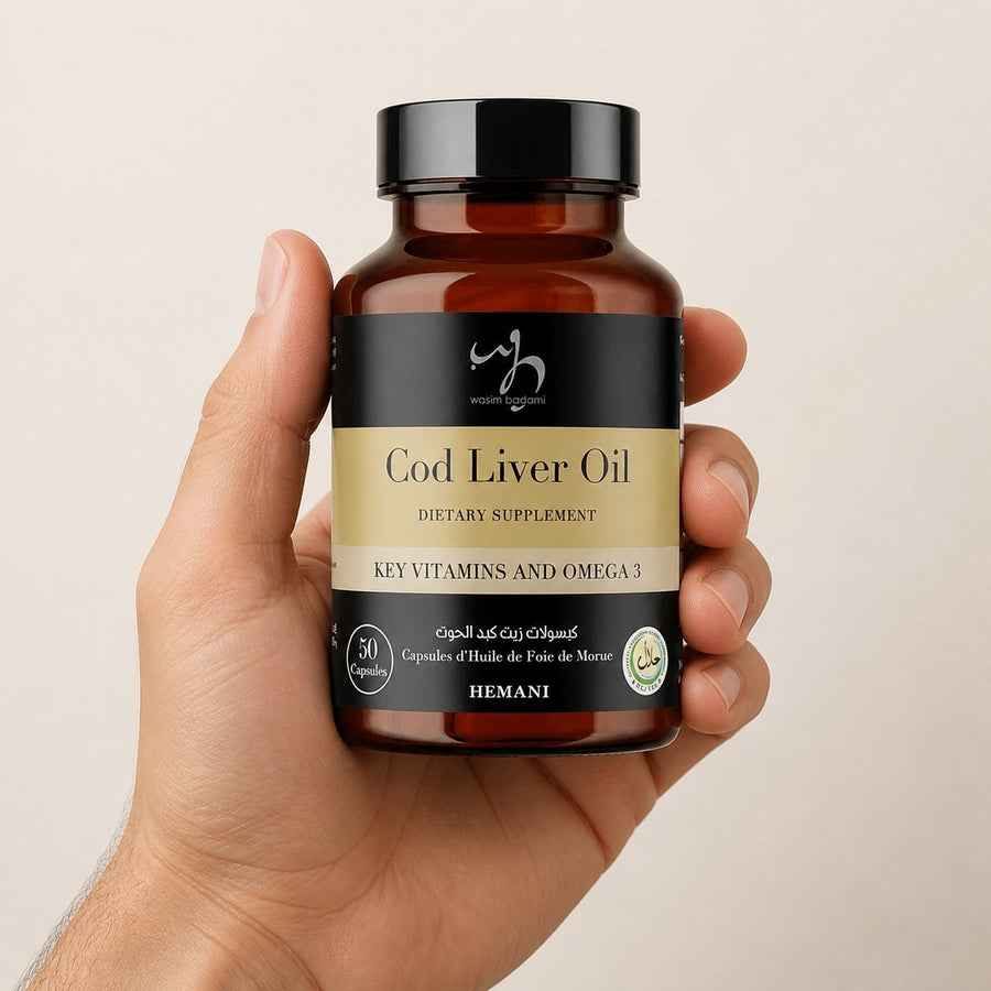 50 Capsules à l'huile de Foie de Morue - Hemani – taille et contenance réelles du produit en main