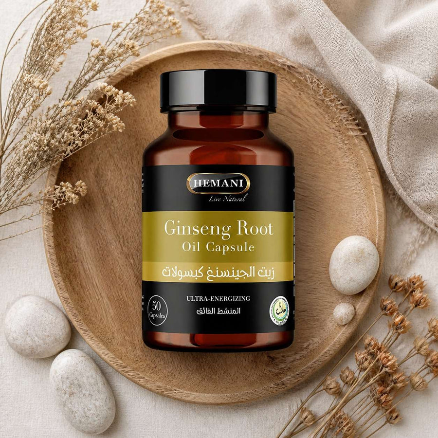50 Capsules à l'huile de Ginseng - Hemani – composition flat lay avec éléments naturels, vue du dessus