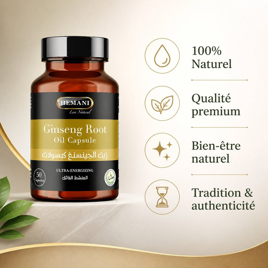 50 Capsules à l'huile de Ginseng - Hemani – infographie des bienfaits et des ingrédients clés