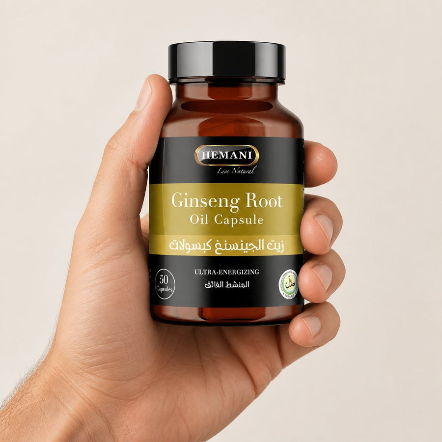 50 Capsules à l'huile de Ginseng - Hemani – taille et contenance réelles du produit en main