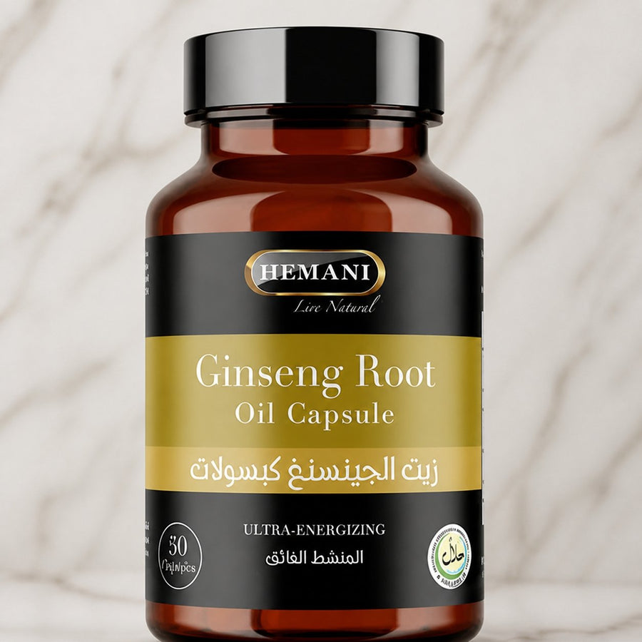 50 Capsules à l'huile de Ginseng - Hemani – gros plan sur les détails et la finition du packaging