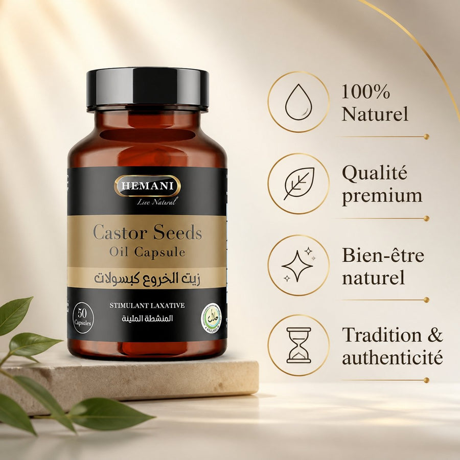 50 Capsules à l'huile de Graine de Ricin - Hemani – infographie des bienfaits et des ingrédients clés