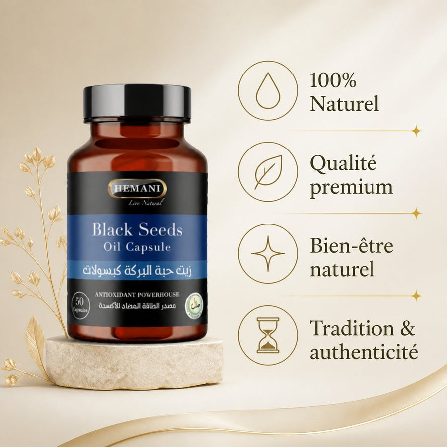50 Capsules à l'Huile de Nigelle - Hemani – infographie des bienfaits et des ingrédients clés