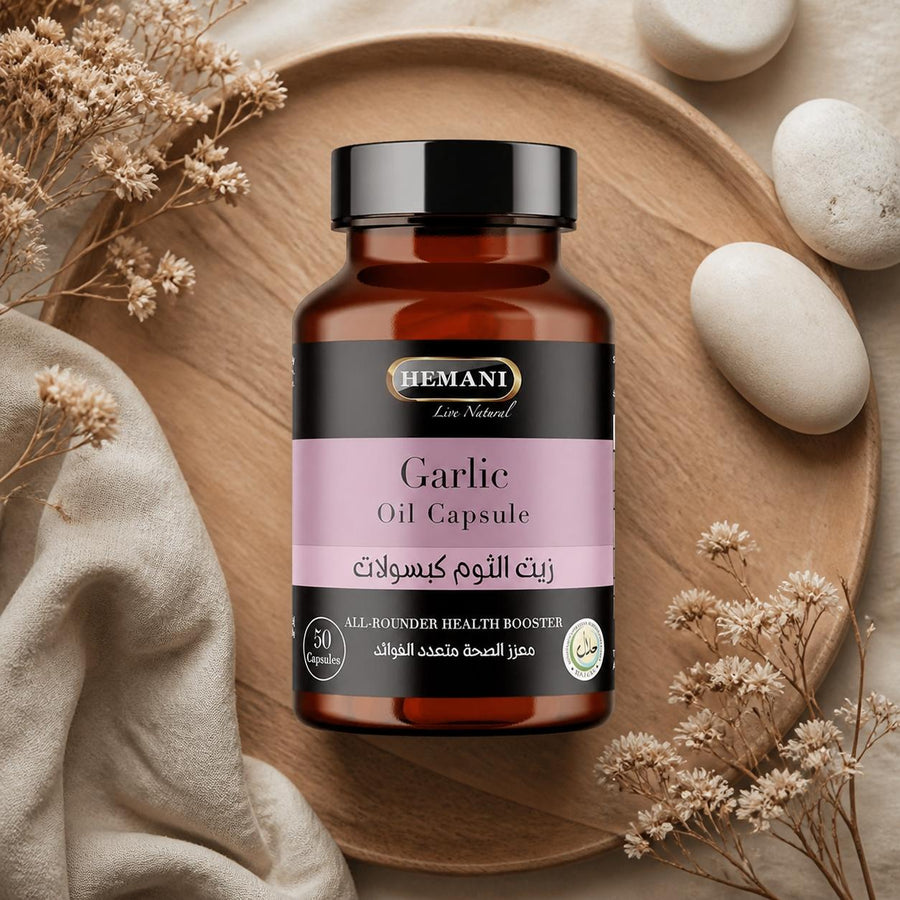 50 Capsules d'Ail – composition flat lay avec éléments naturels, vue du dessus