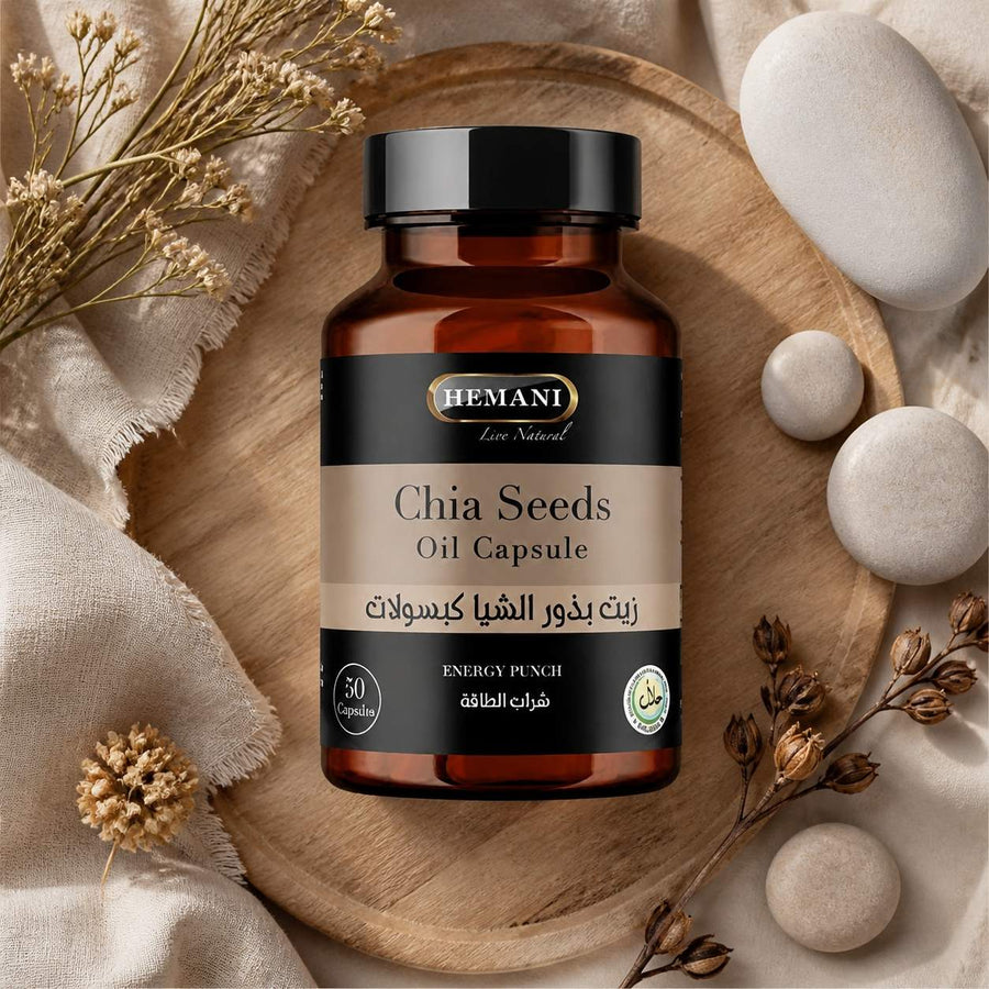 50 Capsules de Chia – composition flat lay avec éléments naturels, vue du dessus