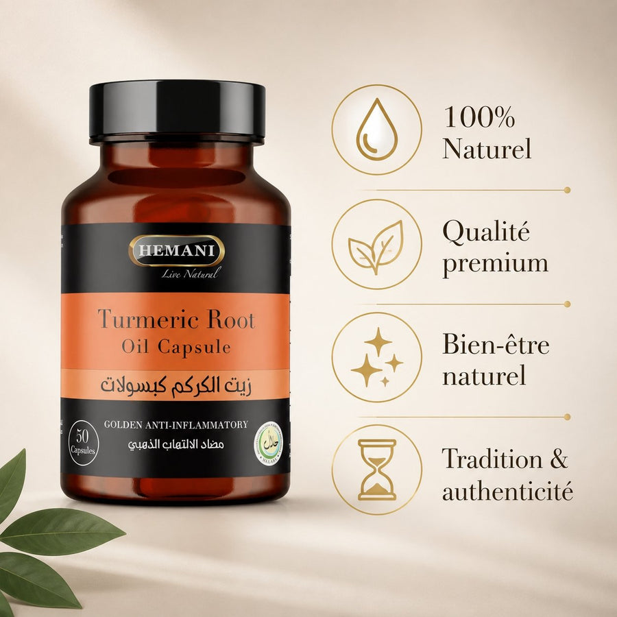 50 Capsules Végétales de Curcuma - Hemani – infographie des bienfaits et des ingrédients clés
