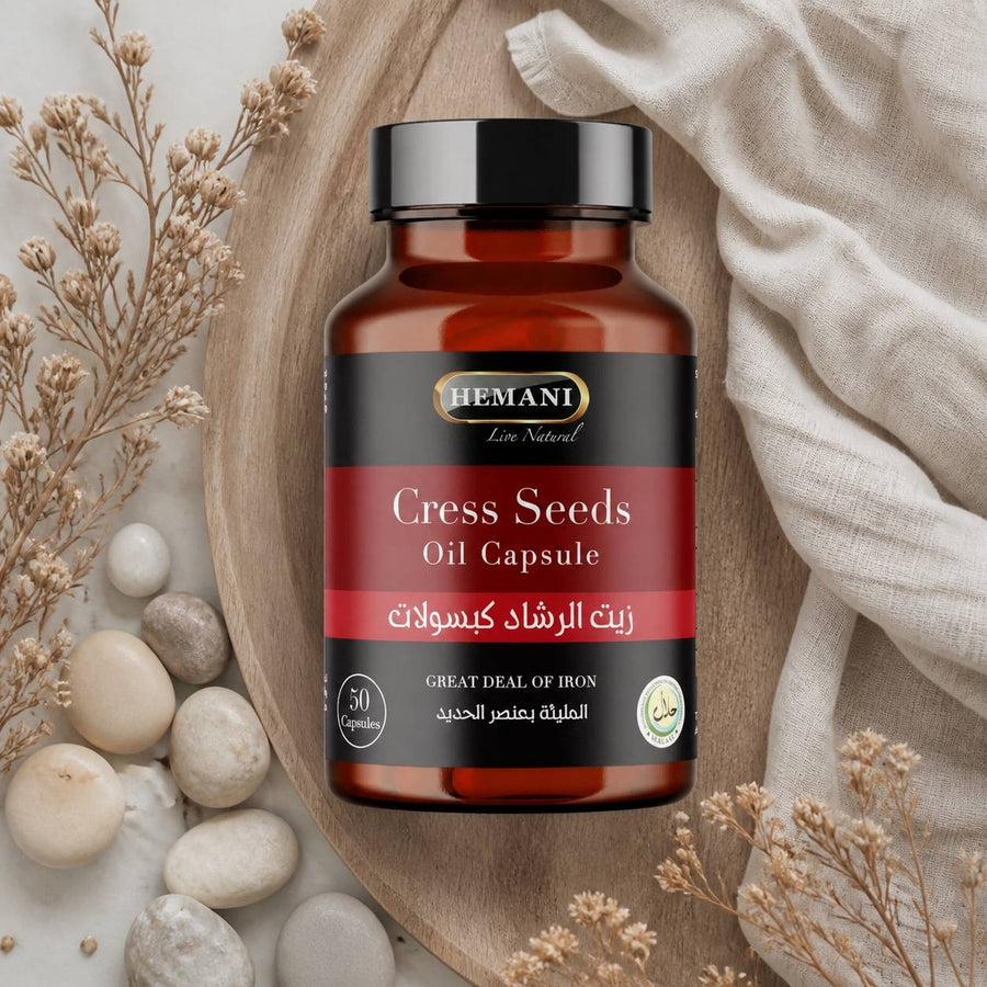 50 Capsules de Graine de Cresson – composition flat lay avec éléments naturels, vue du dessus