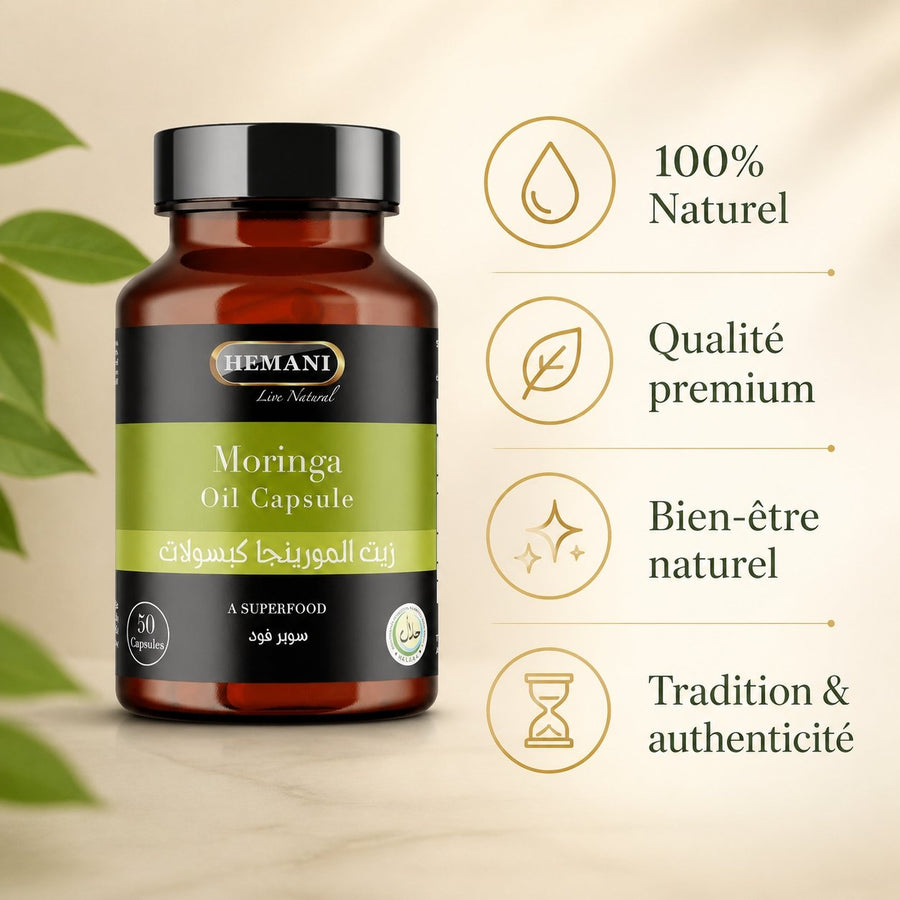 50 Capsules de Moringa - Hemani – infographie des bienfaits et des ingrédients clés