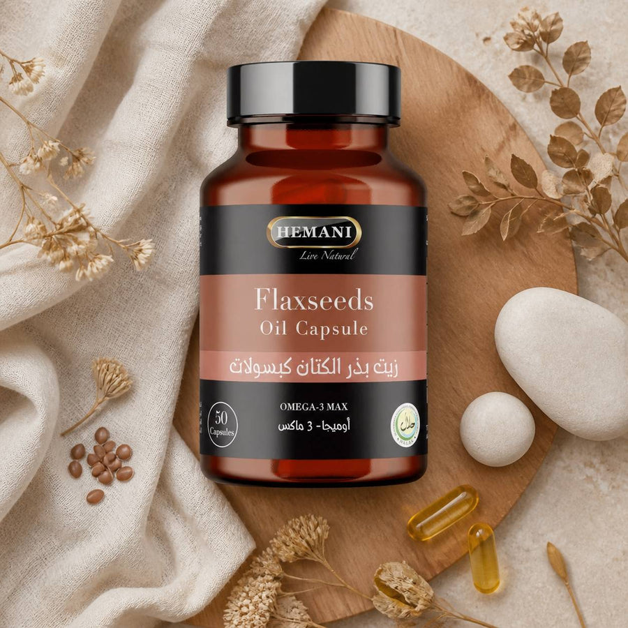 50 Capsules Graine de Lin – composition flat lay avec éléments naturels, vue du dessus