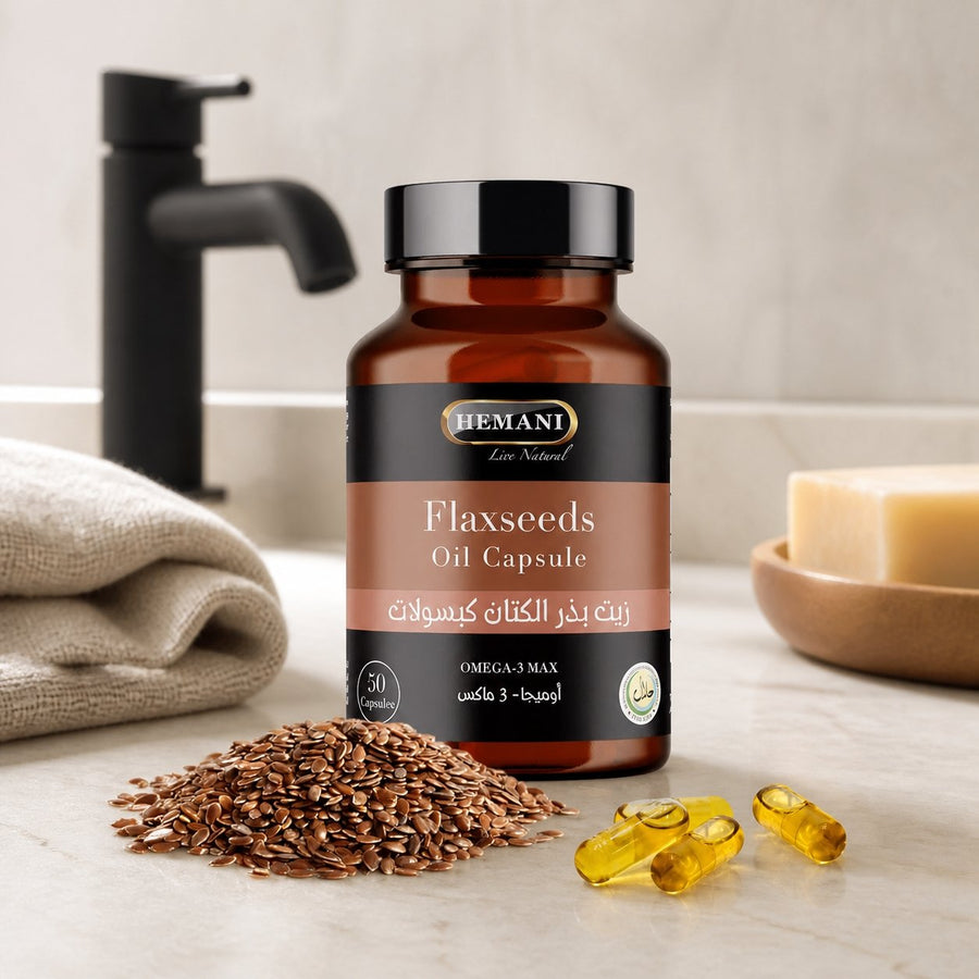 50 Capsules Graine de Lin – présentation du produit dans une salle de bain lumineuse et naturelle