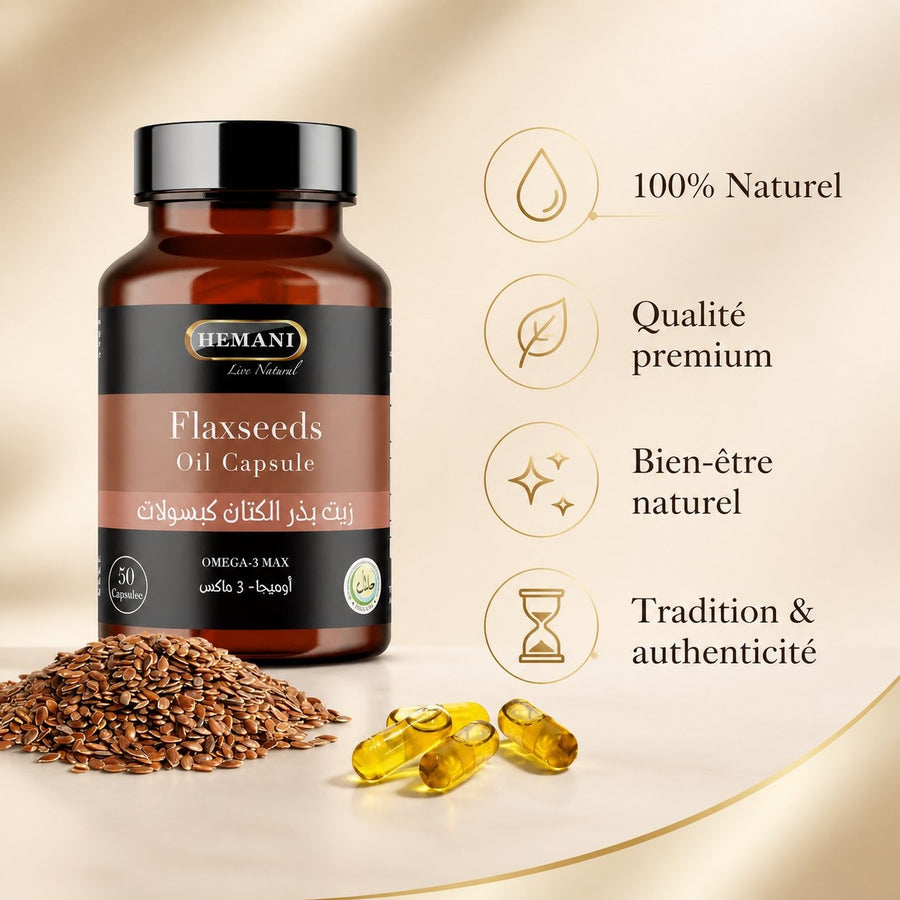 50 Capsules Graine de Lin – infographie des bienfaits et des ingrédients clés