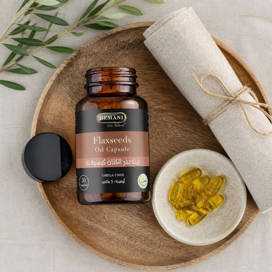 50 Capsules Graine de Lin – rituel d'utilisation vu du dessus, ambiance naturelle zen