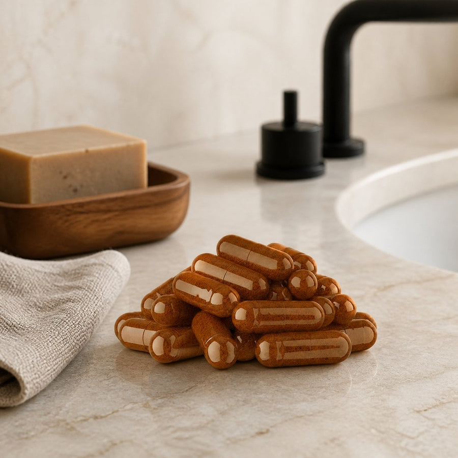 5X120 gélules de Costus Indien – présentation du produit dans une salle de bain lumineuse et naturelle