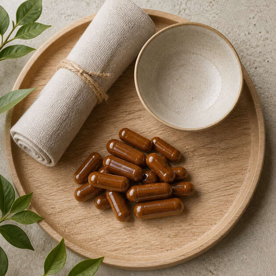 5X120 gélules de Costus Indien – rituel d'utilisation vu du dessus, ambiance naturelle zen