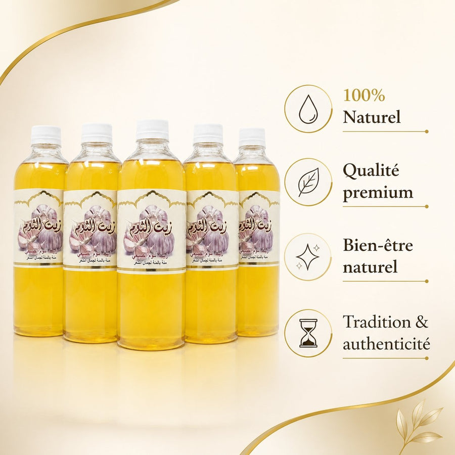 5X1L Huile d'Ail Cosmétique – infographie des bienfaits et des ingrédients clés