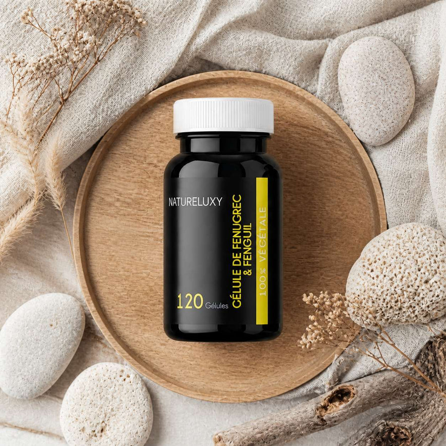 Lot de 5 Fenugrec & Fenouil Naturelux 600 Gélules Végétales – composition flat lay avec éléments naturels, vue du dessus