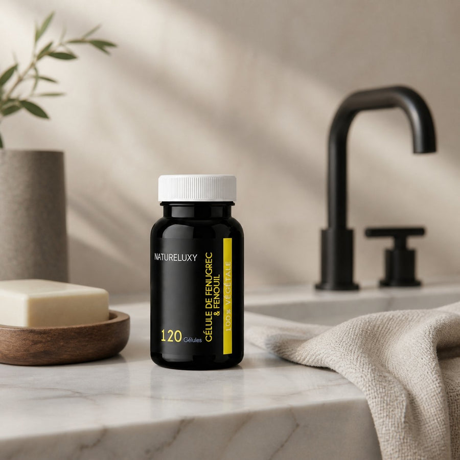 Lot de 5 Fenugrec & Fenouil Naturelux 600 Gélules Végétales – présentation du produit dans une salle de bain lumineuse et naturelle