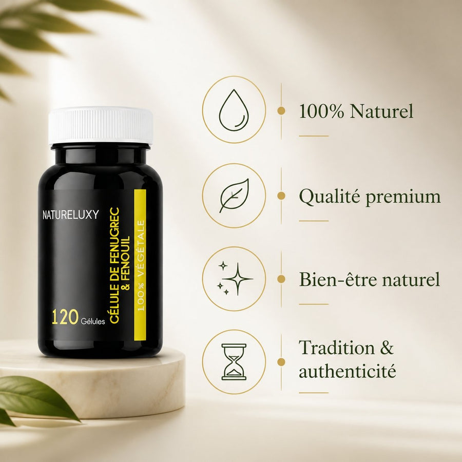 Lot de 5 Fenugrec & Fenouil Naturelux 600 Gélules Végétales – infographie des bienfaits et des ingrédients clés