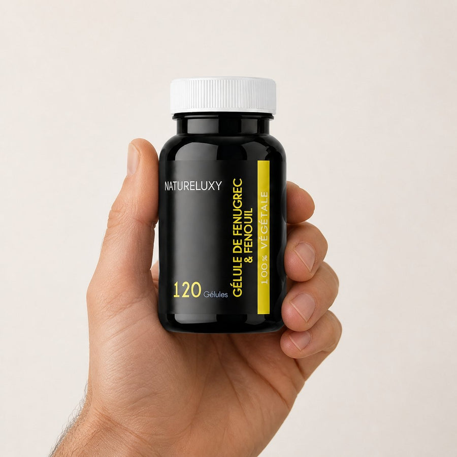 Lot de 5 Fenugrec & Fenouil Naturelux 600 Gélules Végétales – taille et contenance réelles du produit en main