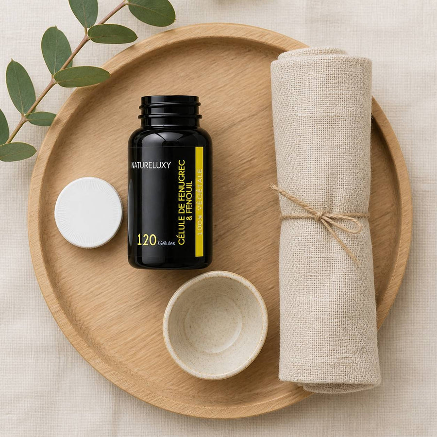 Lot de 5 Fenugrec & Fenouil Naturelux 600 Gélules Végétales – rituel d'utilisation vu du dessus, ambiance naturelle zen