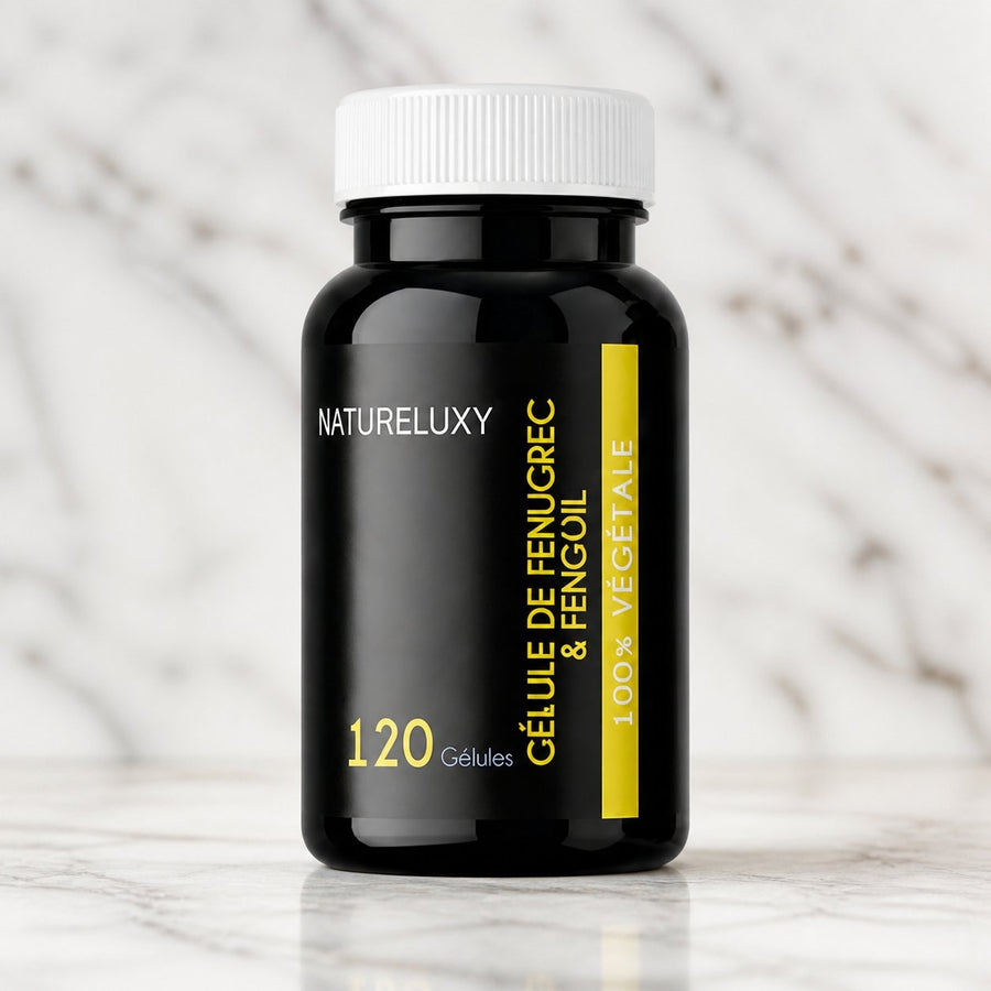 Lot de 5 Fenugrec & Fenouil Naturelux 600 Gélules Végétales – gros plan sur les détails et la finition du packaging