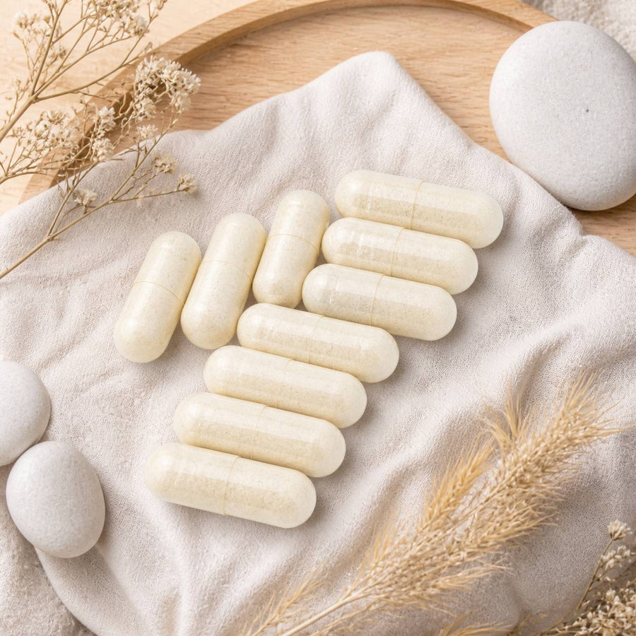 Ail 120 Gélules 300 mg - Gélules Végétales – composition flat lay avec éléments naturels, vue du dessus