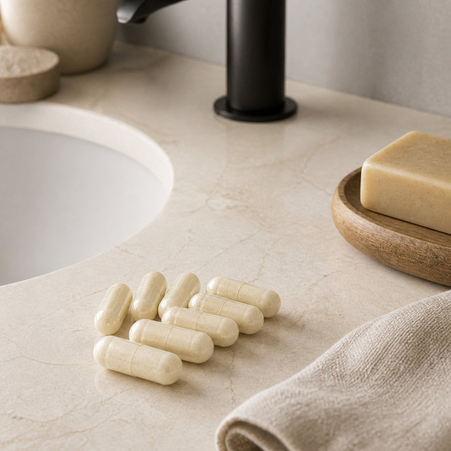 Ail 120 Gélules 300 mg - Gélules Végétales – présentation du produit dans une salle de bain lumineuse et naturelle