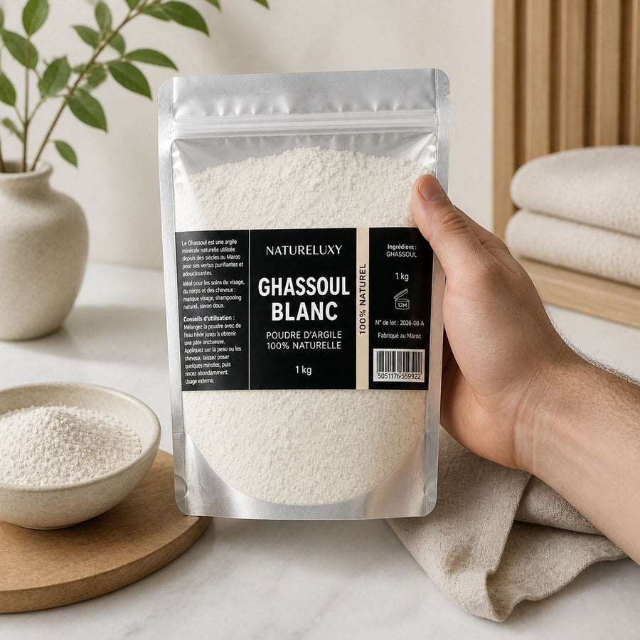 Argile Ghassoul Blanc en Poudre 1Kg Ultrafine Masque Visage Corps et Cheveux – application en situation réelle, geste de soin quotidien