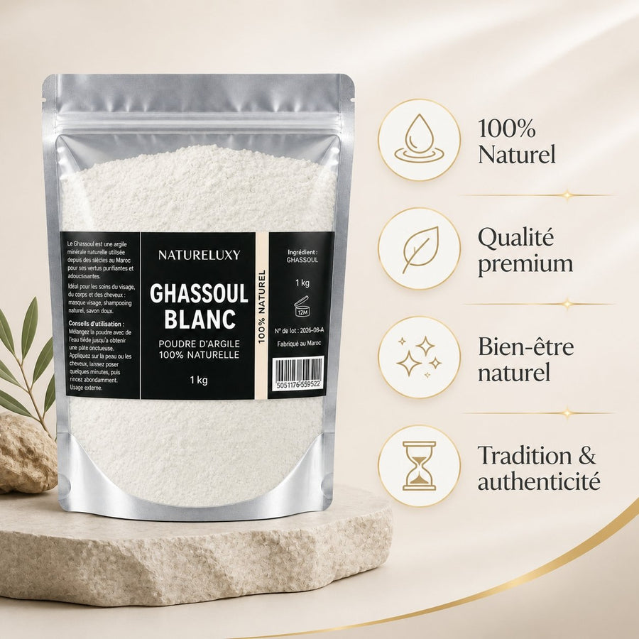 Argile Ghassoul Blanc en Poudre 1Kg Ultrafine Masque Visage Corps et Cheveux – infographie des bienfaits et des ingrédients clés