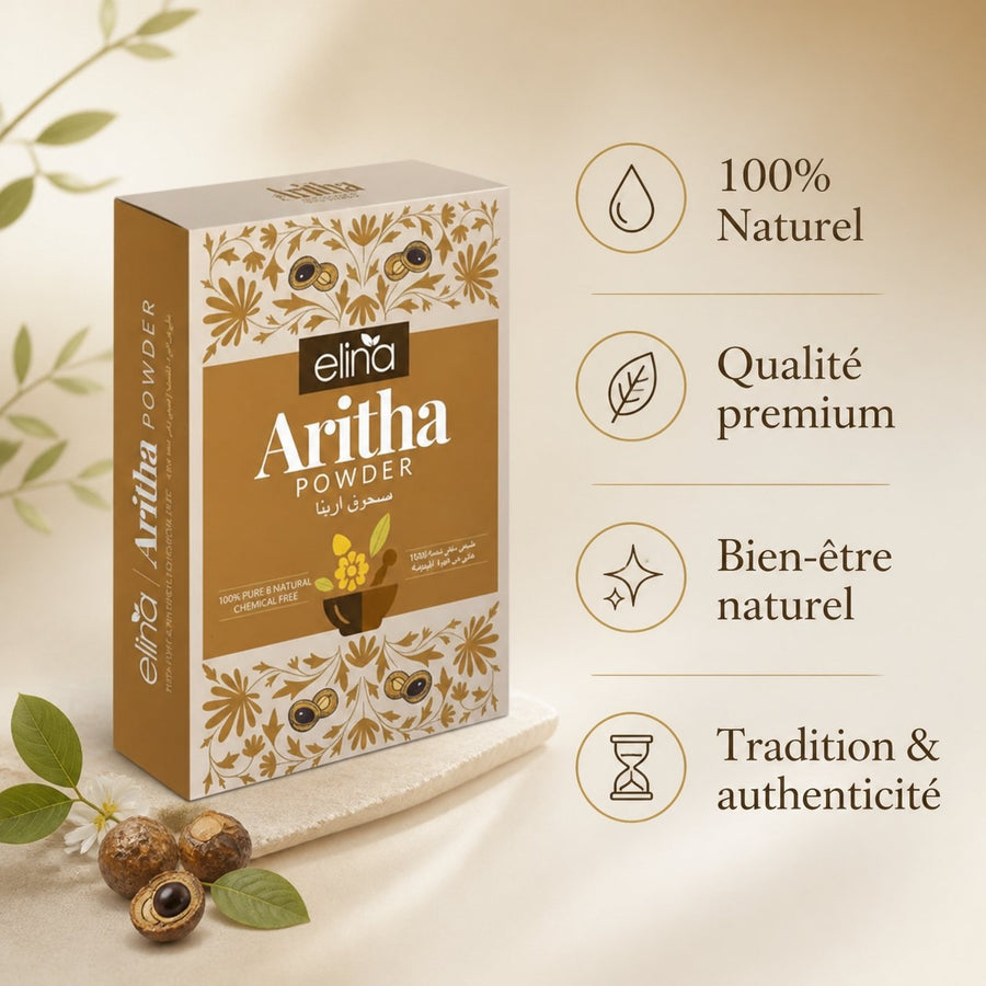Aritha Poudre – Poudre Lavante Naturelle Ayurvédique – infographie des bienfaits et des ingrédients clés