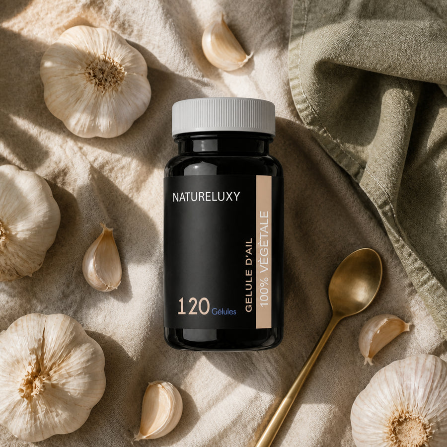 120 gélules d'Ail Naturel - ambiance flatlay vue du dessus, packaging d'origine