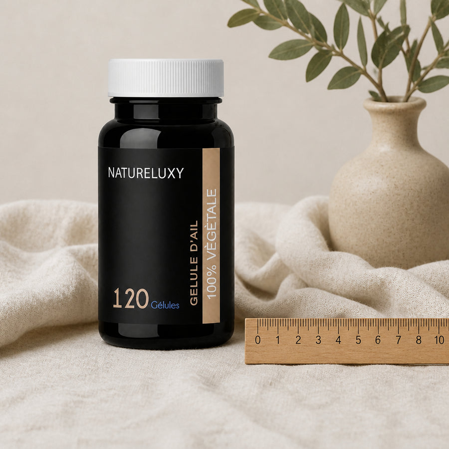 120 gélules d'Ail Naturel - référence échelle 10 cm avec règle en bois, packaging d'origine
