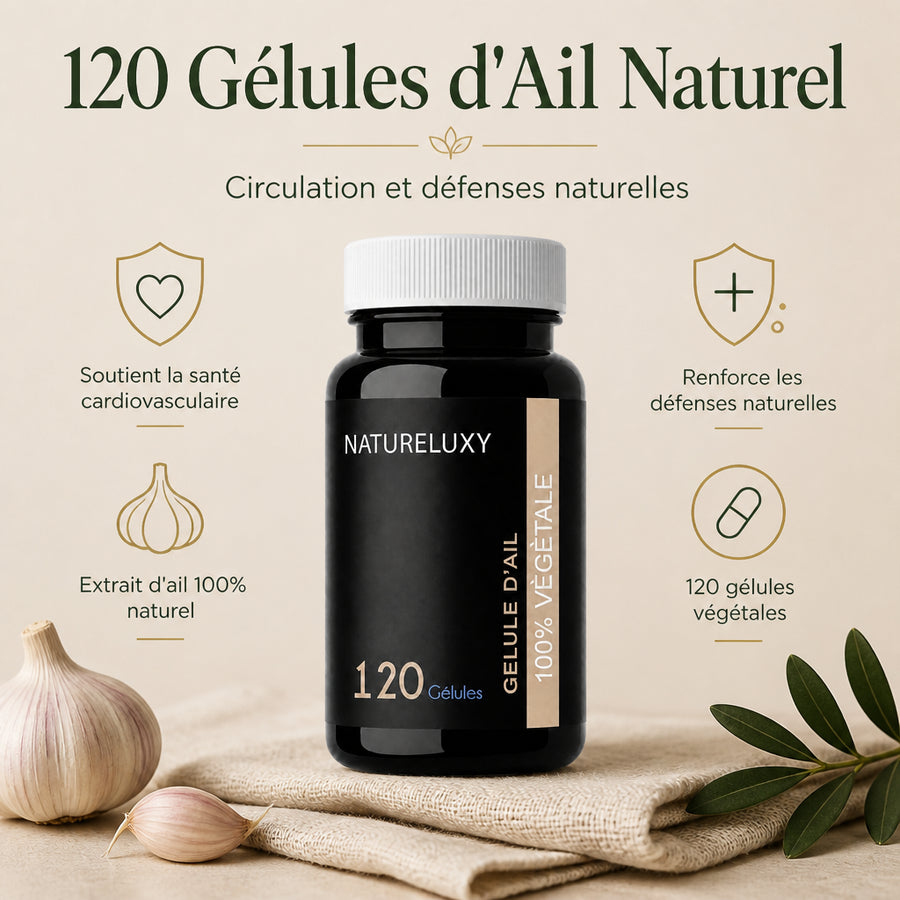 120 gélules d'Ail Naturel - infographie des bienfaits en français, packaging d'origine