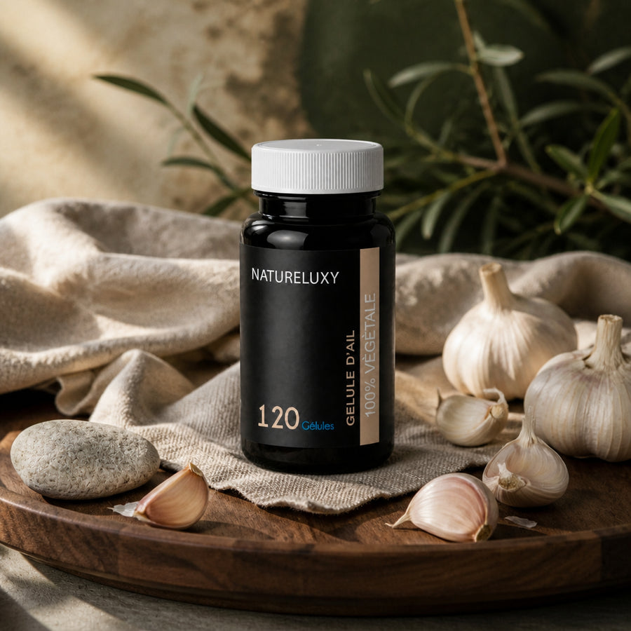 120 gélules d'Ail Naturel - ambiance lifestyle éditoriale plateau noyer et lin, packaging d'origine