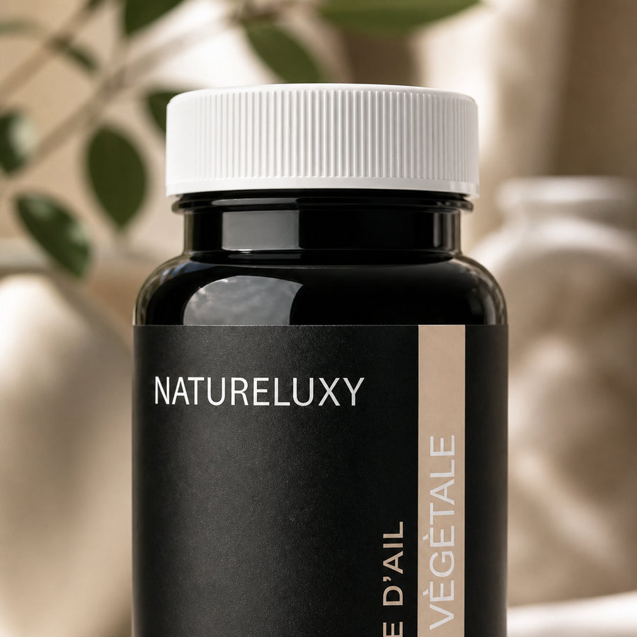 120 gélules d'Ail Naturel - gros plan macro du bouchon et de l'étiquette, packaging d'origine