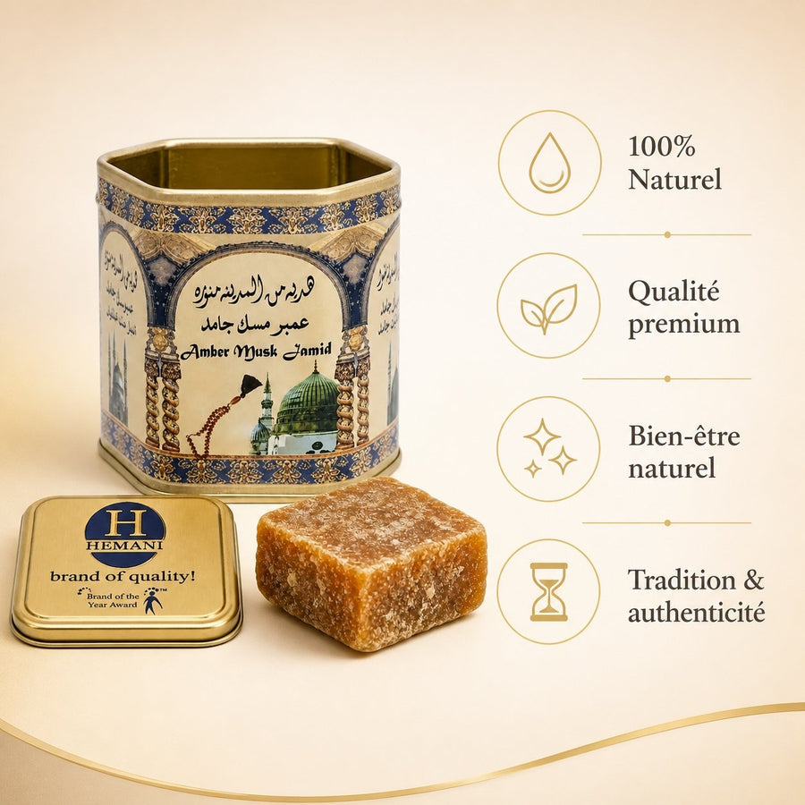 Lot de 1 carré de musc ambré – parfum solide – infographie des bienfaits et des ingrédients clés