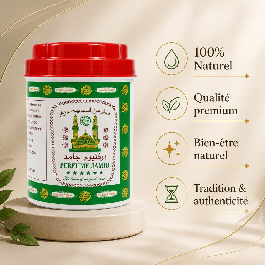 Carré de musc blanc jamid 250 g – parfum solide – infographie des bienfaits et des ingrédients clés