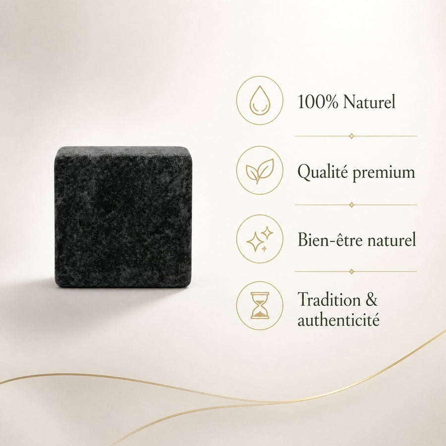 Lot de 1 carré de musc noir – parfum solide – infographie des bienfaits et des ingrédients clés