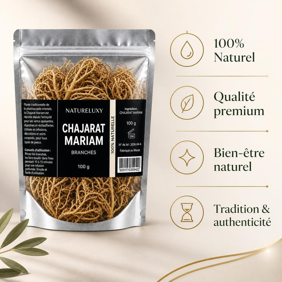 Chajarat Mariam 100g Plante pour La Fertilité des Femmes – infographie des bienfaits et des ingrédients clés