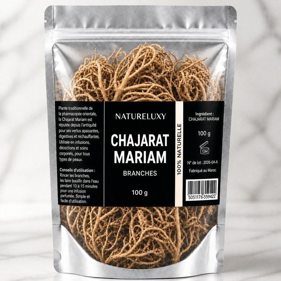 Chajarat Mariam 100g Plante pour La Fertilité des Femmes – gros plan sur les détails et la finition du packaging