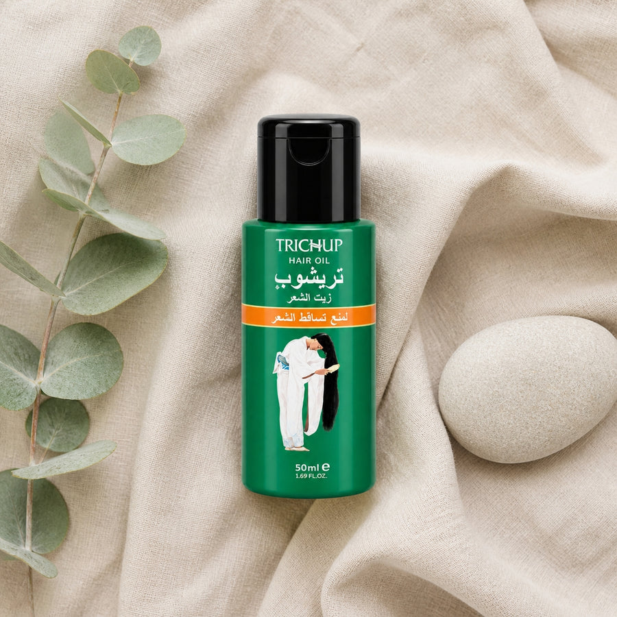 Huile Anti-Chute Soin Indien Trichup 50mL – composition sur lin vue du dessus