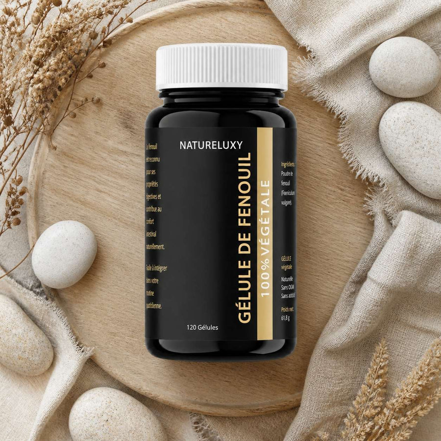 120 gélules de Fenouil – composition flat lay avec éléments naturels, vue du dessus