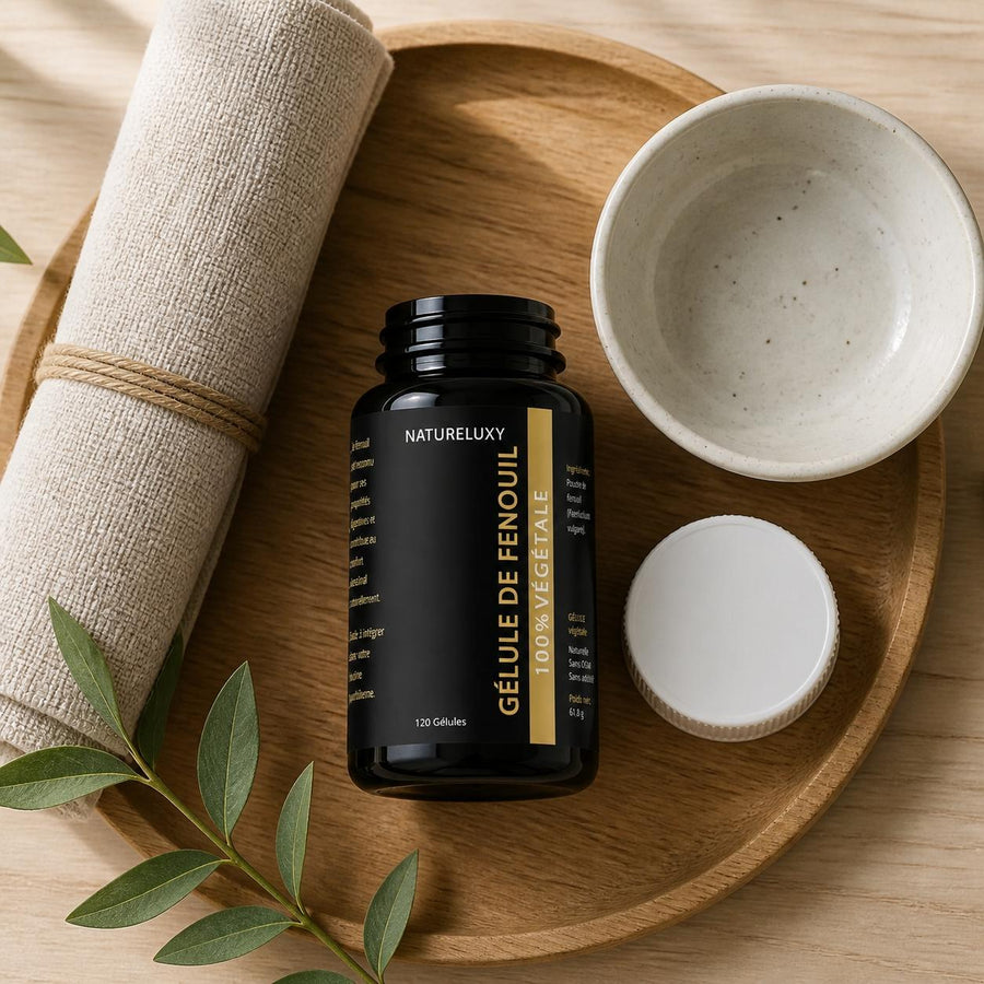 120 gélules de Fenouil – rituel d'utilisation vu du dessus, ambiance naturelle zen