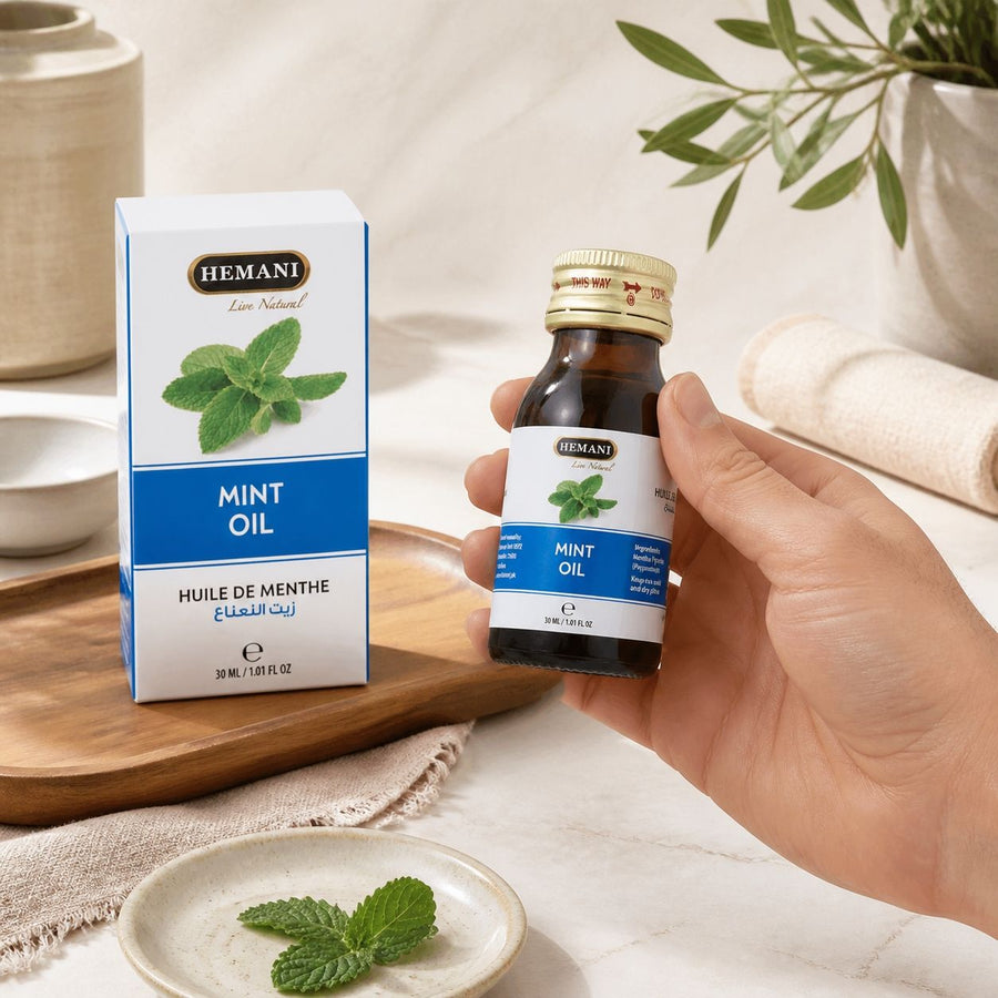 Huile de Menthe 30mL Hemani – application en situation réelle, geste de soin quotidien