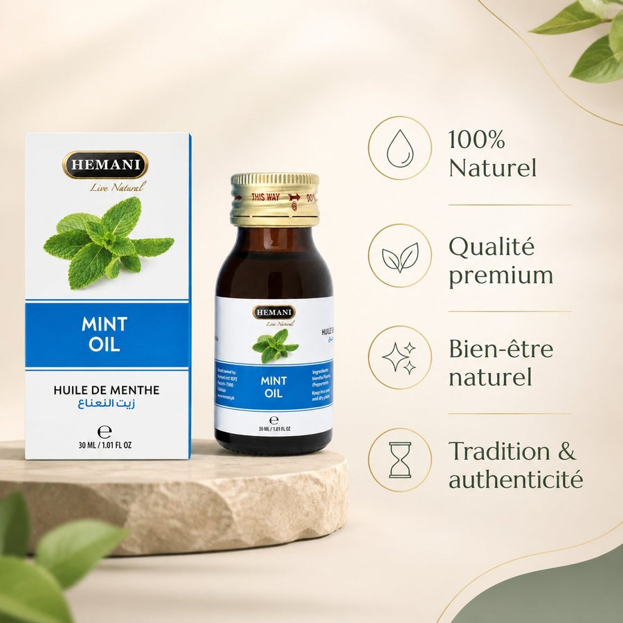 Huile de Menthe 30mL Hemani – infographie des bienfaits et des ingrédients clés