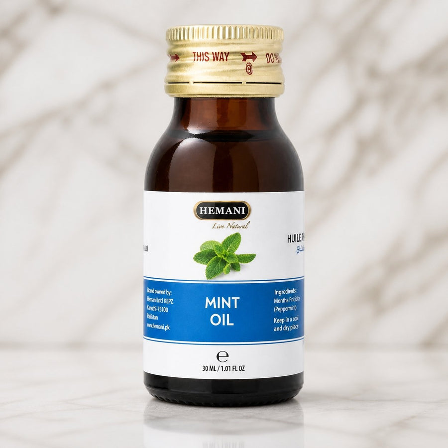 Huile de Menthe 30mL Hemani – gros plan sur les détails et la finition du packaging