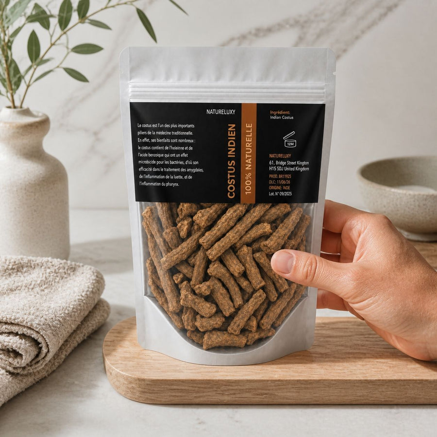 Costus Indien Brut 400 g 100% Naturel – Racines Entières – Natureluxy – application en situation réelle, geste de soin quotidien