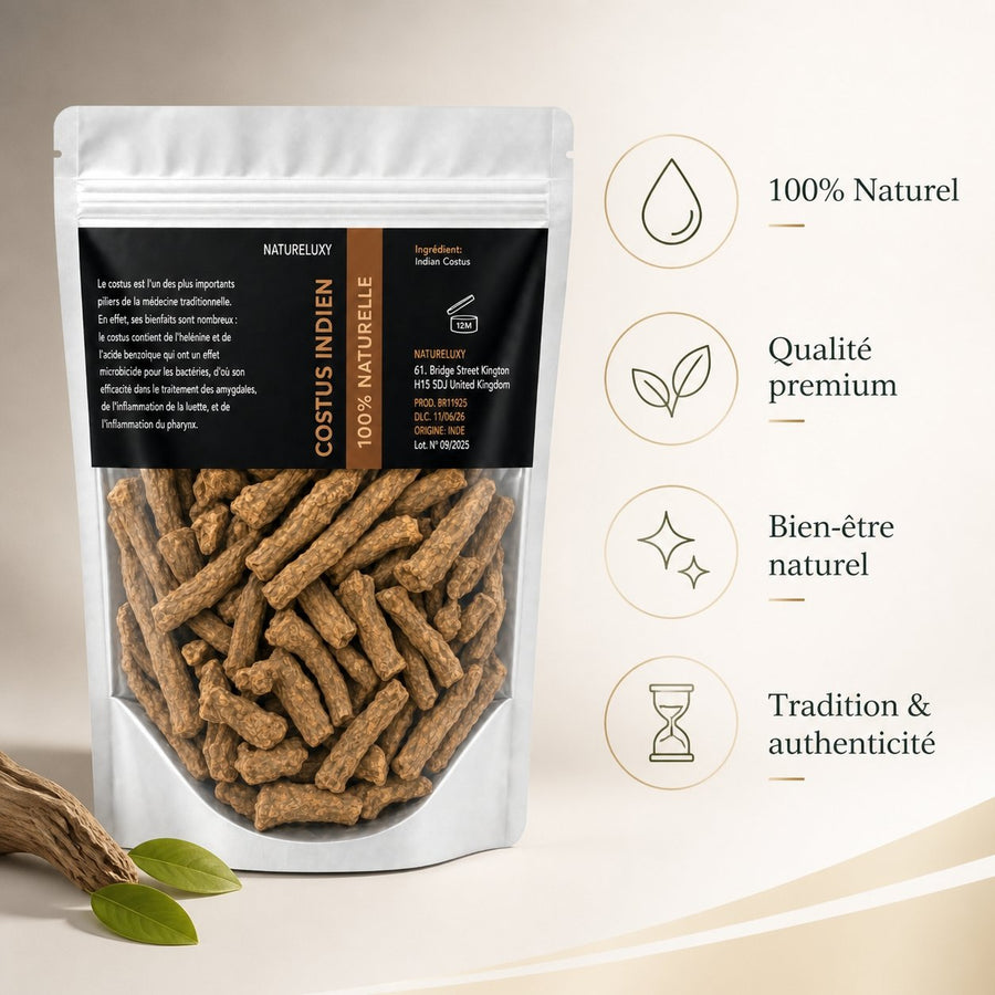 Costus Indien Brut 400 g 100% Naturel – Racines Entières – Natureluxy – infographie des bienfaits et des ingrédients clés