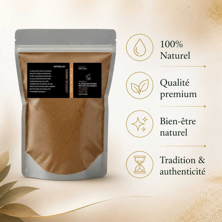 Costus Indien en Poudre 200g — 100% Naturel – infographie des bienfaits et des ingrédients clés