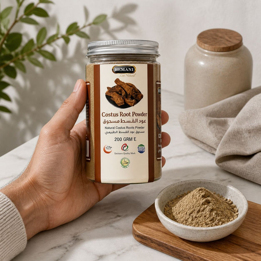 Costus Indien en Poudre Hemani – 200g – application en situation réelle, geste de soin quotidien